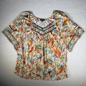 Democracy Persimmon‎ multi Short Sleeve Smocked V-Neck Printed Knit Top Size 1x